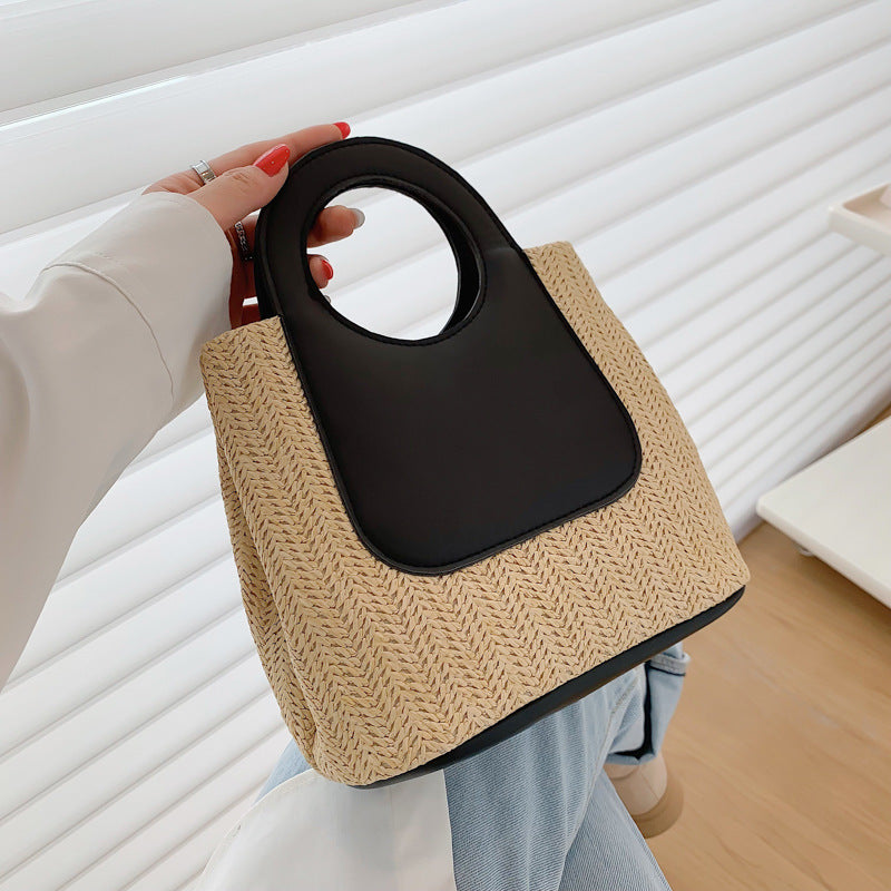 Retro Straw Tote Bag - Woven Handbag with Contrast Panel & Round Handles