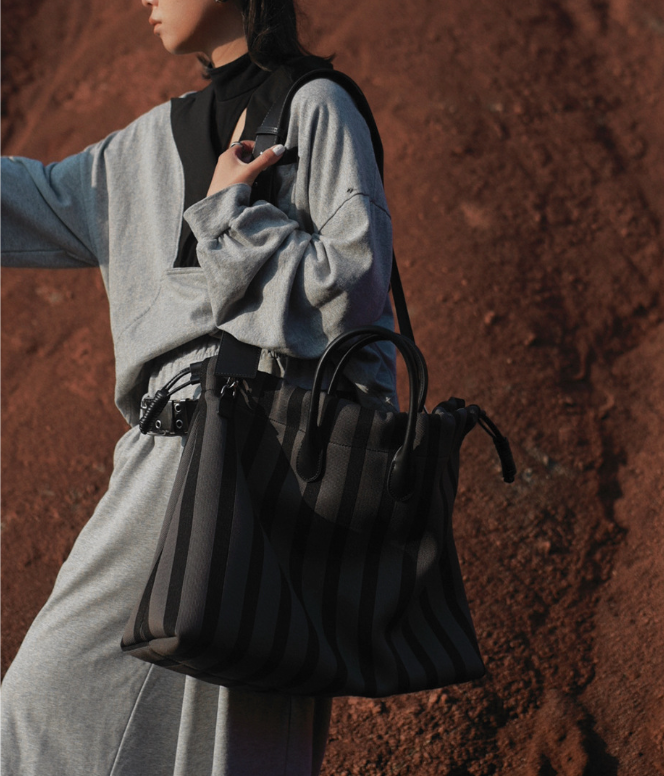 Large Capacity Canvas Tote Bag - Grey Stripes, Drawstring Top, Leather Handles