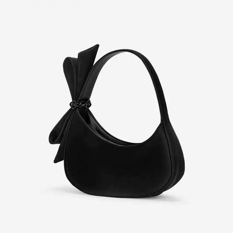 Chic Black Crescent Bag with Statement Bow - PU Leather Shoulder Purse