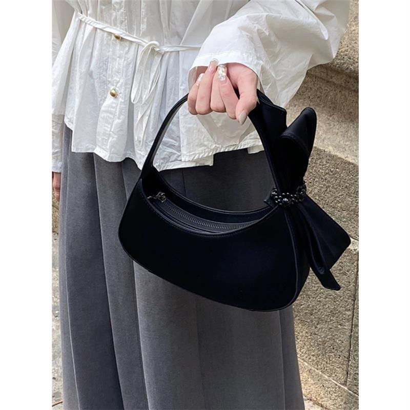Chic Black Crescent Bag with Statement Bow - PU Leather Shoulder Purse