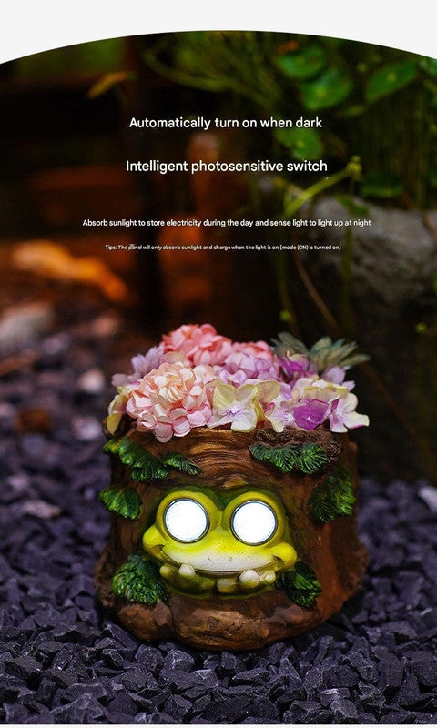 Frog Solar Light Planter - Resin Succulent Pot with Glowing Eyes (Stump frog)