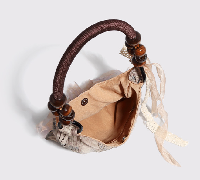 Vintage Rose Floral Shoulder Bag - 3D Fabric Flowers, Wooden Bead Handle Tote