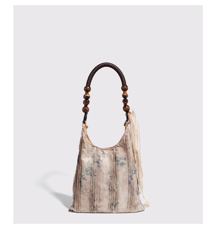 Vintage Rose Floral Shoulder Bag - 3D Fabric Flowers, Wooden Bead Handle Tote