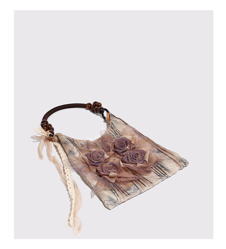 Vintage Rose Floral Shoulder Bag - 3D Fabric Flowers, Wooden Bead Handle Tote