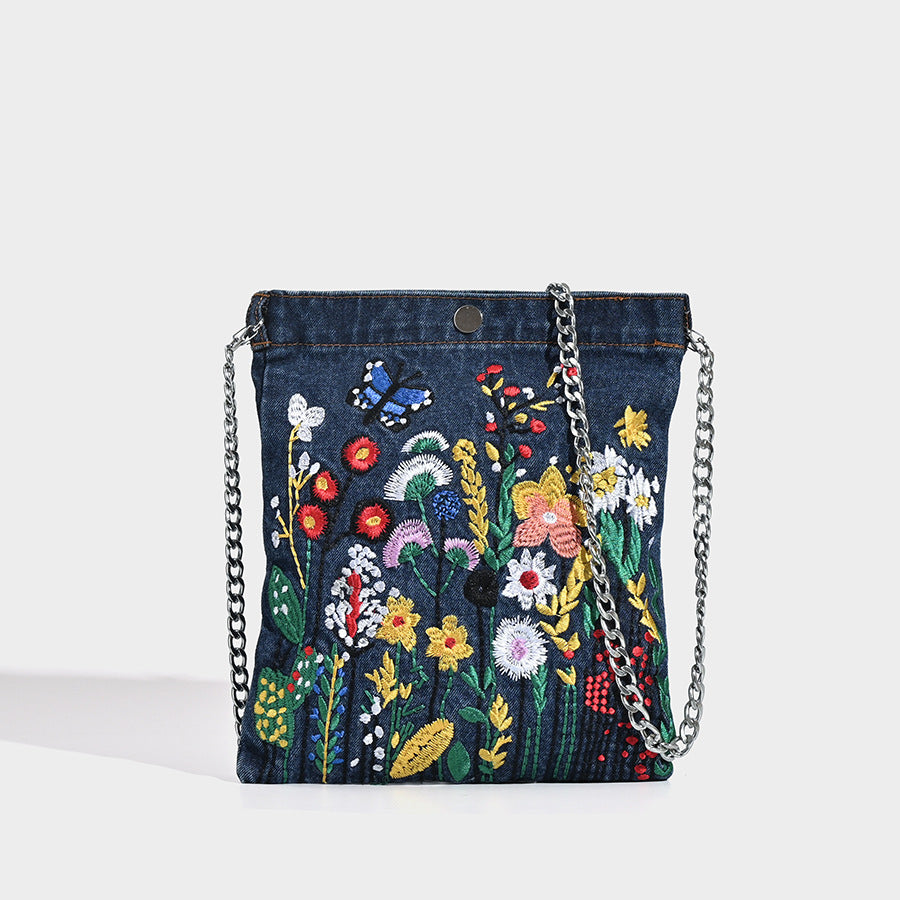 Embroidered Floral Denim Crossbody Bag - Butterfly & Wildflower Design, Chain Strap