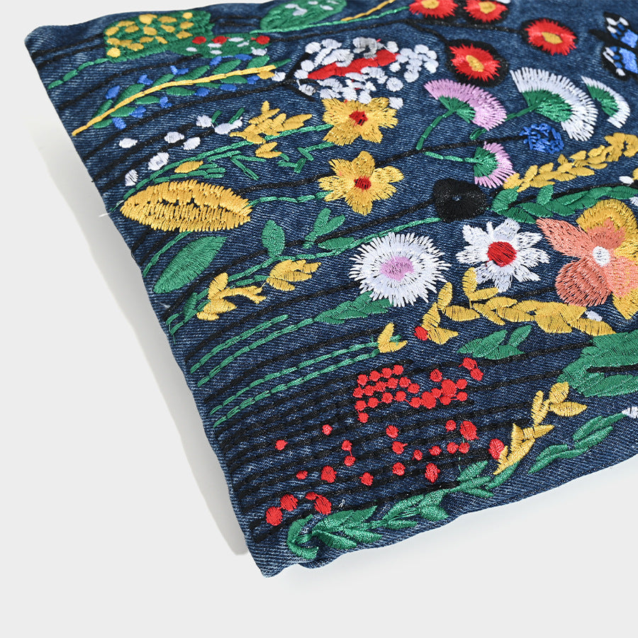 Embroidered Floral Denim Crossbody Bag - Butterfly & Wildflower Design, Chain Strap
