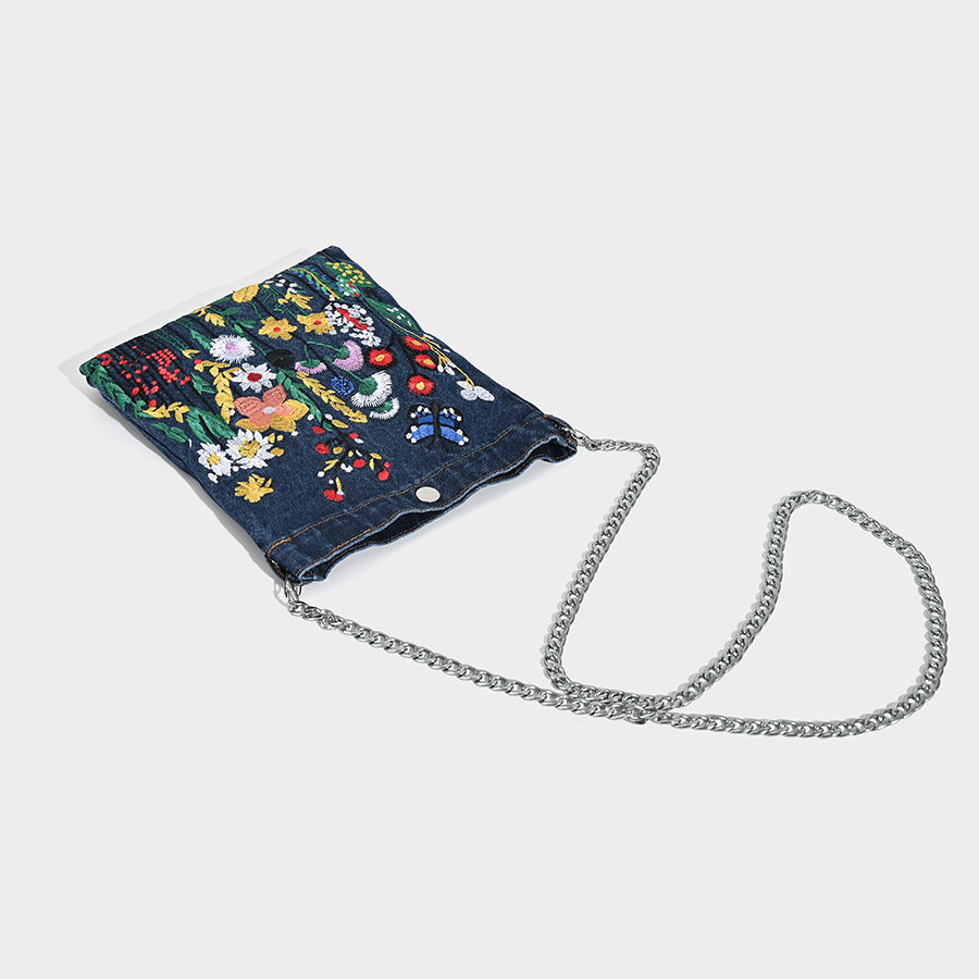 Embroidered Floral Denim Crossbody Bag - Butterfly & Wildflower Design, Chain Strap