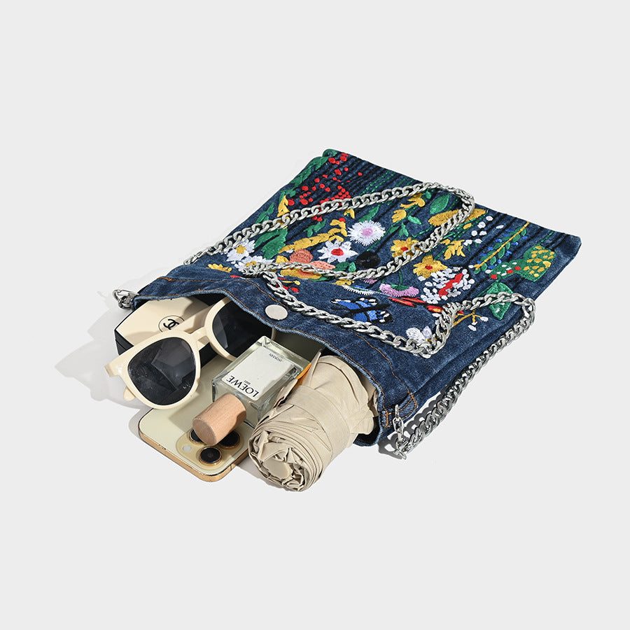 Embroidered Floral Denim Crossbody Bag - Butterfly & Wildflower Design, Chain Strap