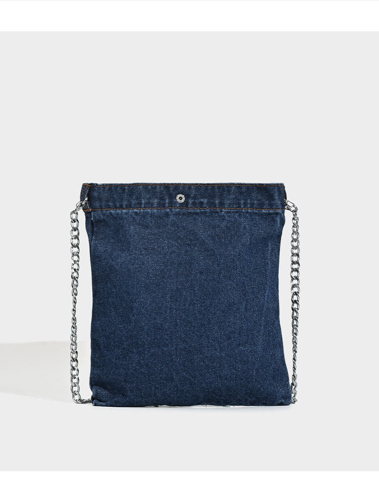 Embroidered Floral Denim Crossbody Bag - Butterfly & Wildflower Design, Chain Strap