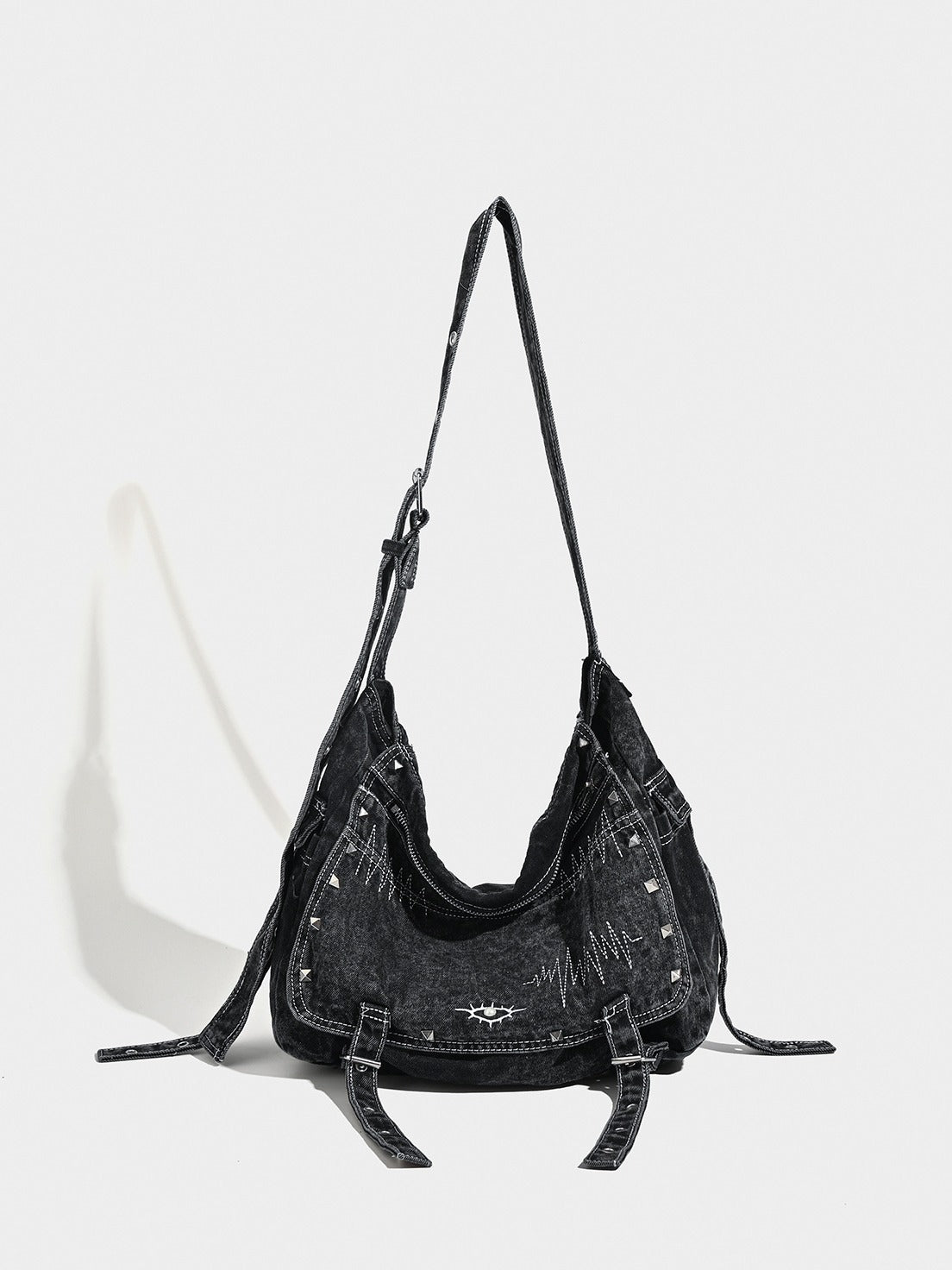 Distressed Black Denim Messenger Bag - Rivet Detail, Adjustable Strap, Large Streetwear Tote