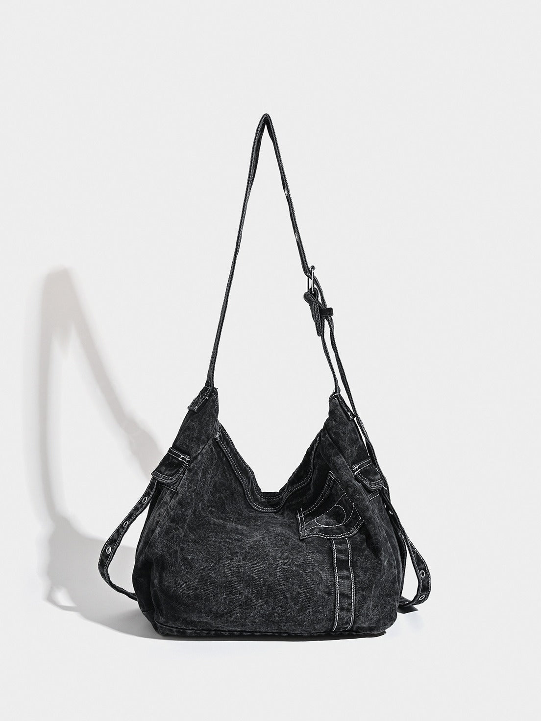 Distressed Black Denim Messenger Bag - Rivet Detail, Adjustable Strap, Large Streetwear Tote