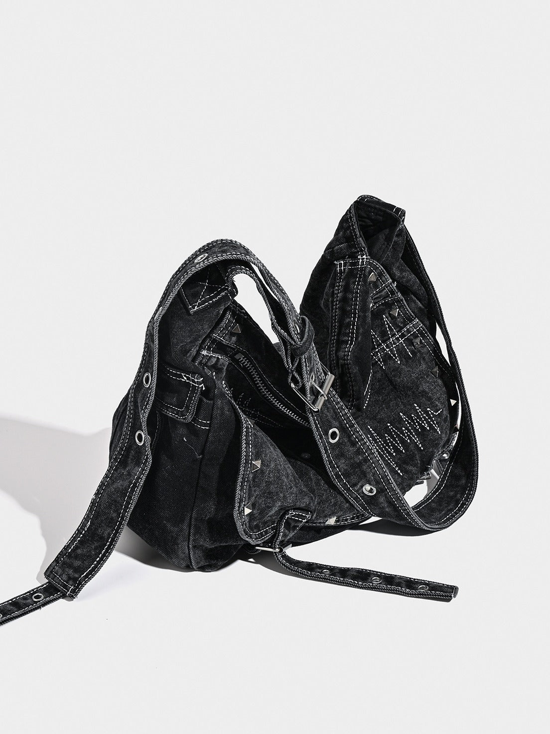 Distressed Black Denim Messenger Bag - Rivet Detail, Adjustable Strap, Large Streetwear Tote