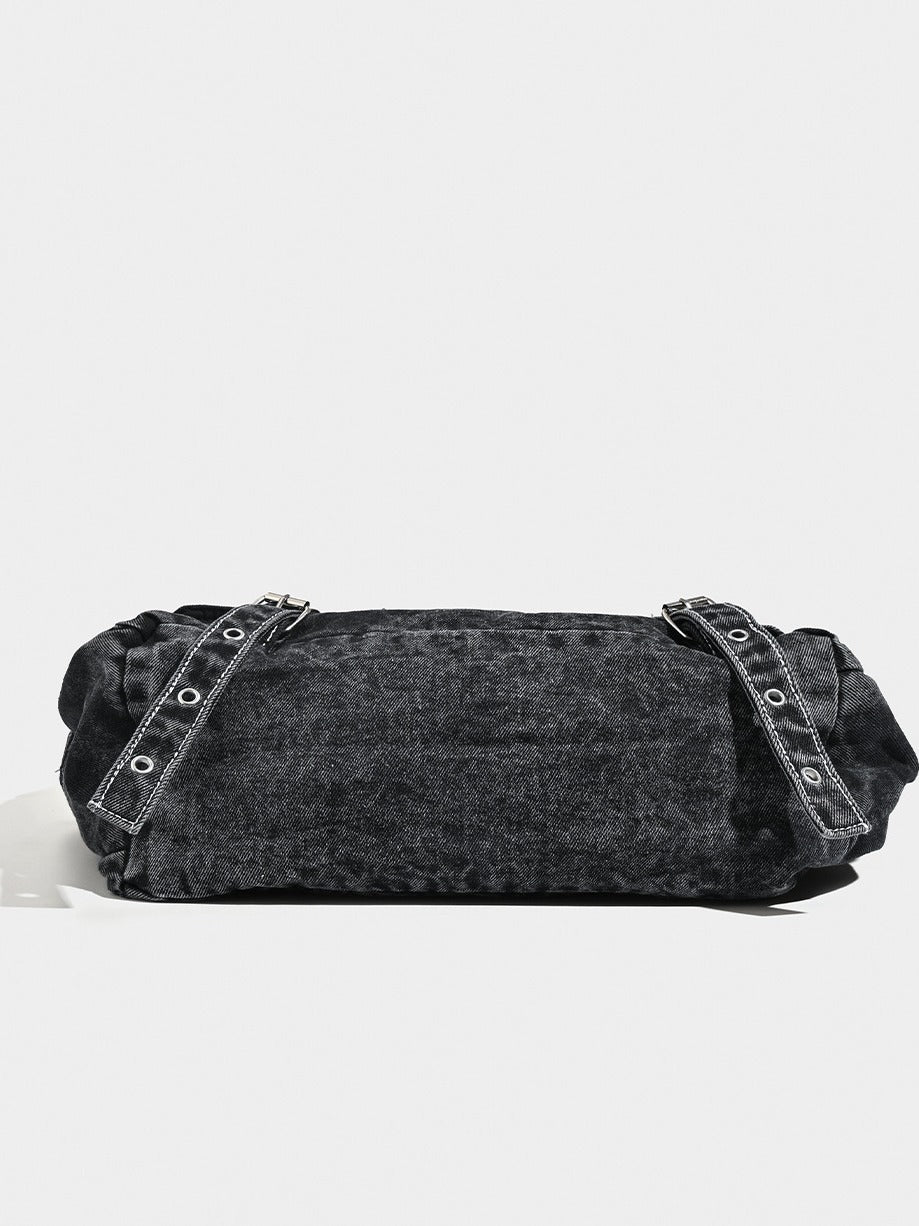 Distressed Black Denim Messenger Bag - Rivet Detail, Adjustable Strap, Large Streetwear Tote
