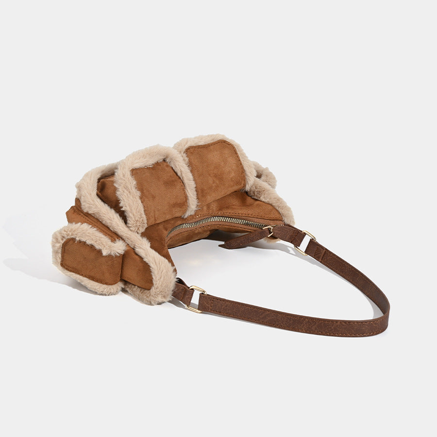 Faux Shearling Trim Suede Shoulder Bag - Multi-Pocket Y2K Retro Style