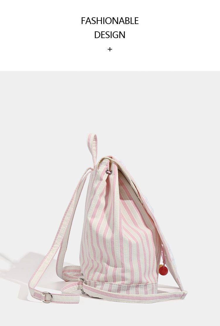 Cute Pink Stripe Bunny Ear Backpack - Star Applique, Kawaii Student Bag