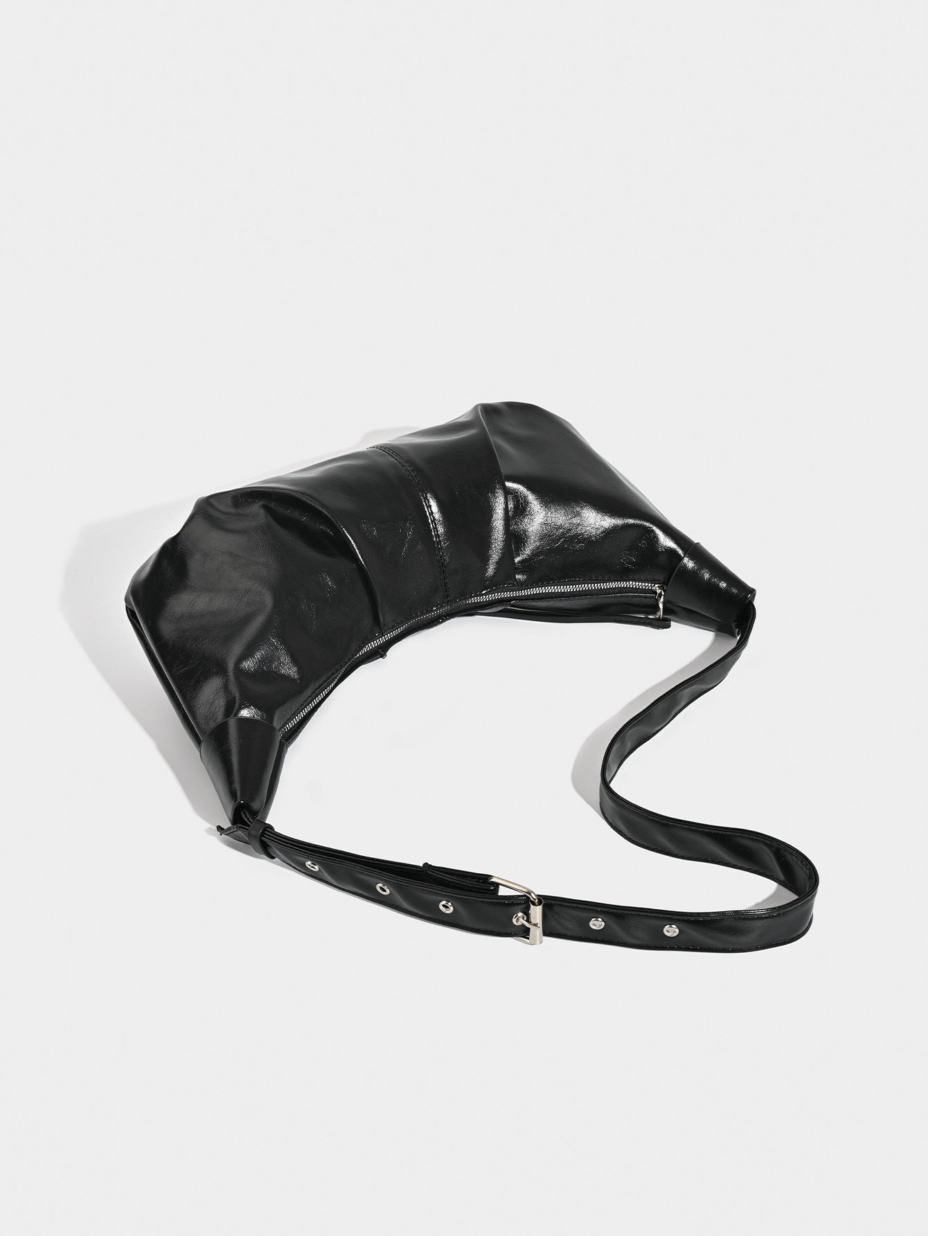 Chic Ruched Faux Leather Bag - Vintage Inspired Croissant Style, Black