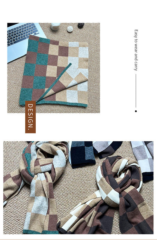 Coffee,Grey And Beige Unisex Retro Checkered Knit Scarf - Soft Thick Winter Shawl Wrap