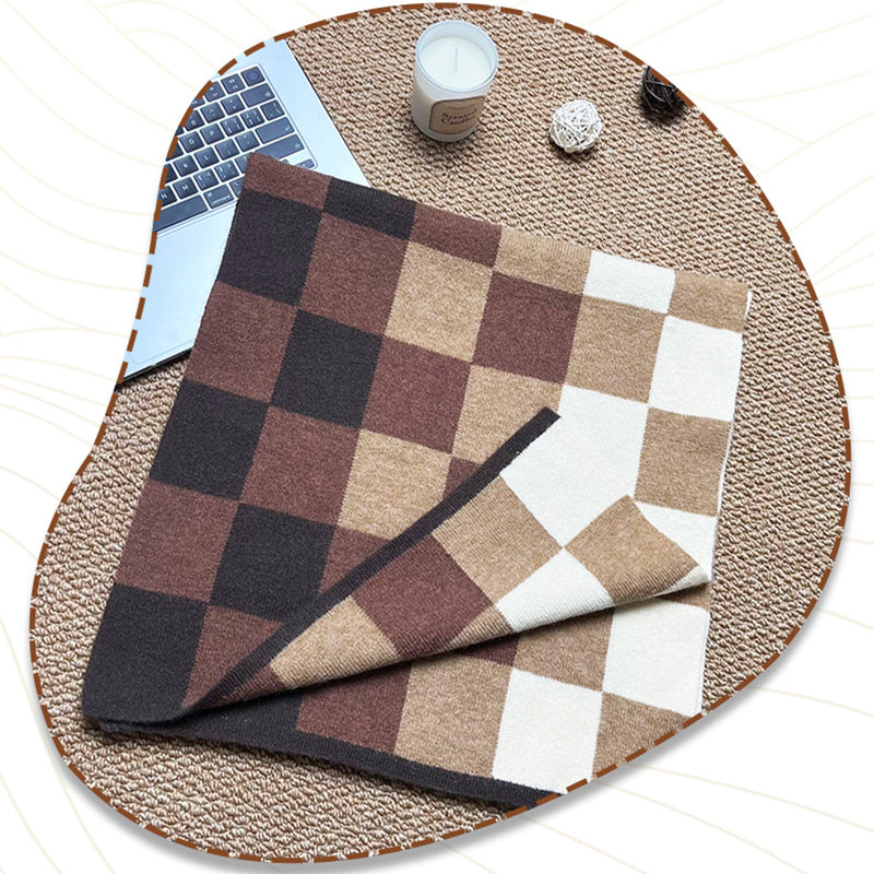 Black,Grey And Beige Unisex Retro Checkered Knit Scarf - Soft Thick Winter Shawl Wrap