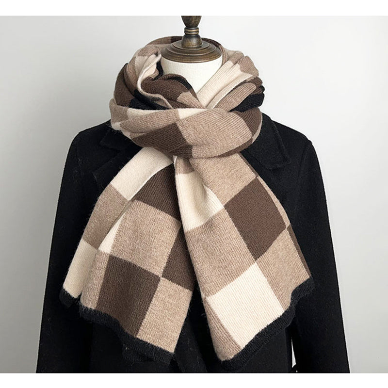 Black,Grey And Beige Unisex Retro Checkered Knit Scarf - Soft Thick Winter Shawl Wrap
