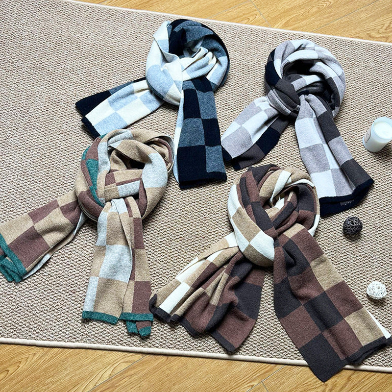 Coffee,Brown And Beige Unisex Retro Checkered Knit Scarf - Soft Thick Winter Shawl Wrap