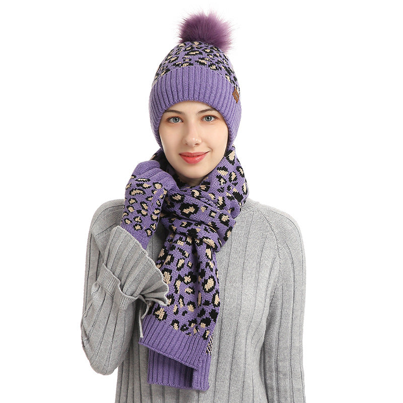 Purple Women's 3-Piece Winter Knit Set - Leopard Print Plush Lined Beanie Hat, Scarf & Touchscreen Gloves