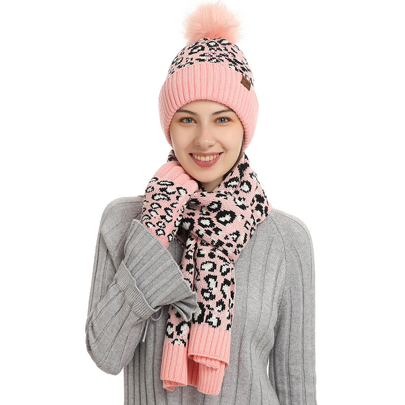 Pink Women's 3-Piece Winter Knit Set - Leopard Print Plush Lined Beanie Hat, Scarf & Touchscreen Gloves