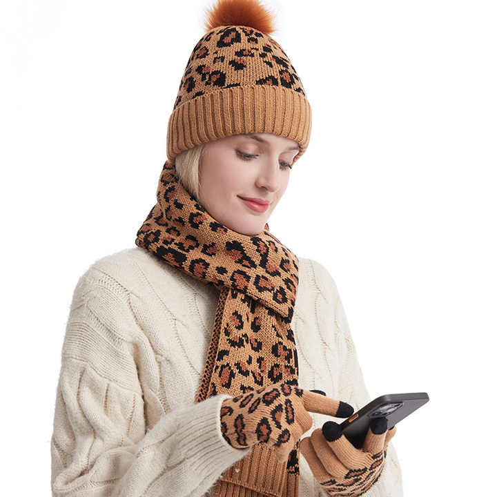 Pink Women's 3-Piece Winter Knit Set - Leopard Print Plush Lined Beanie Hat, Scarf & Touchscreen Gloves
