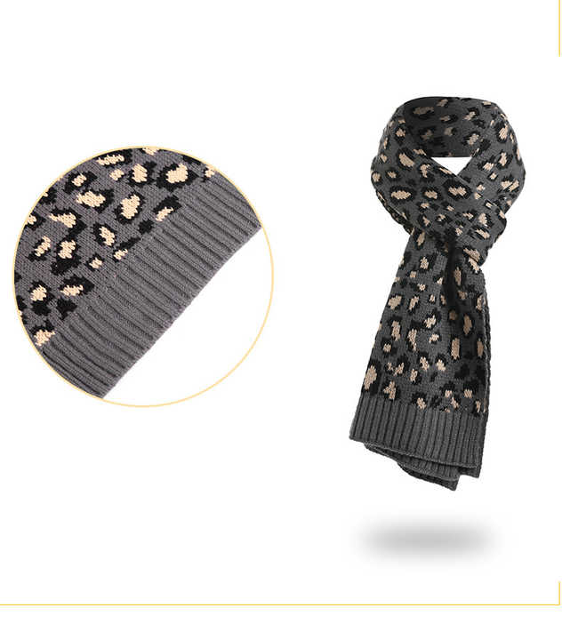 Light Grey Women's 3-Piece Winter Knit Set - Leopard Print Plush Lined Beanie Hat, Scarf & Touchscreen Gloves