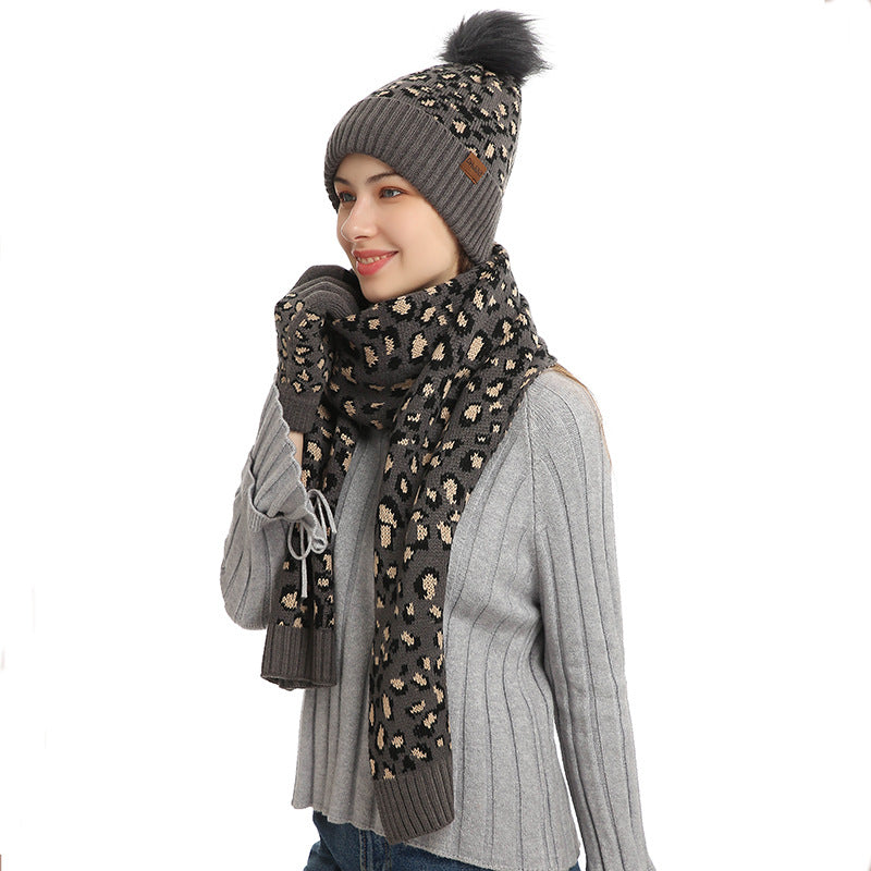 Dark Grey Women's 3-Piece Winter Knit Set - Leopard Print Plush Lined Beanie Hat, Scarf & Touchscreen Gloves