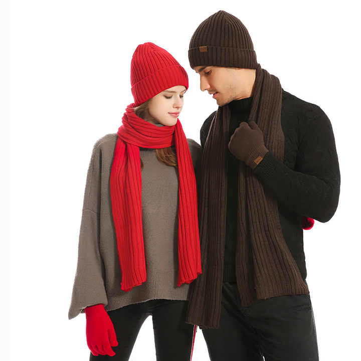 Black Men's 3-Piece Winter Warm Ribbed Knit Beanie Hat Scarf and Gloves Set