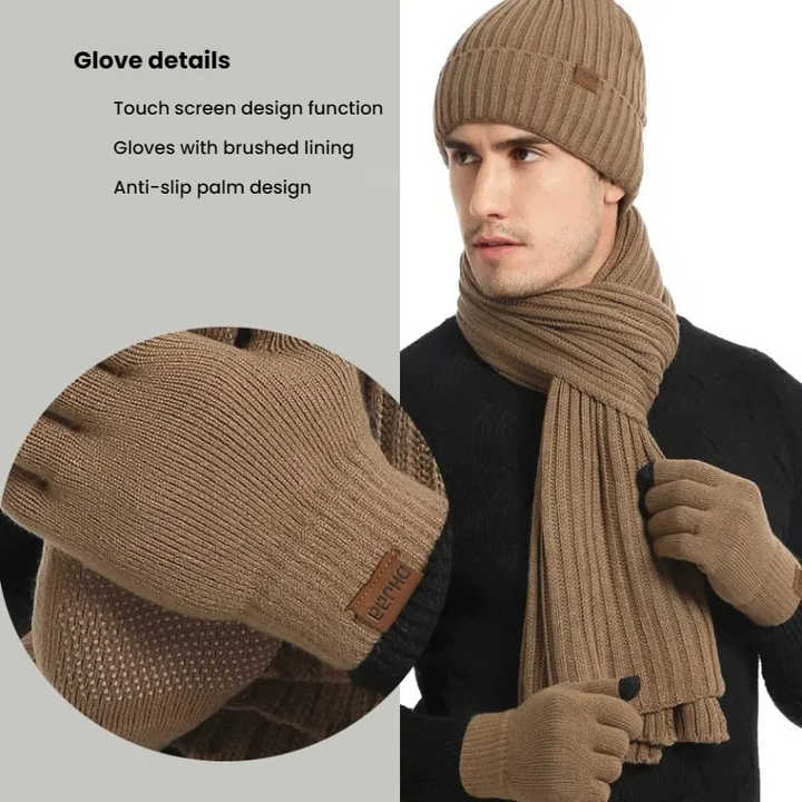 Coffee Men's 3-Piece Winter Warm Ribbed Knit Beanie Hat Scarf and Gloves Set