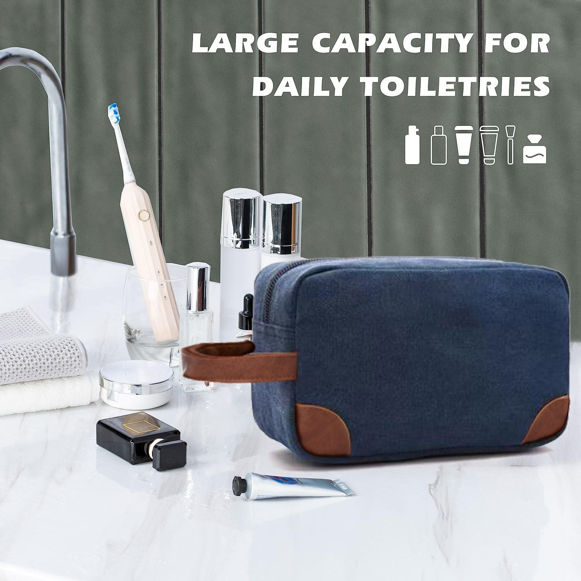 Dark Blue And Brown Men's Canvas Toiletry Bag - Large Capacity Water-Resistant Travel Organizer Dopp Kit with Handle