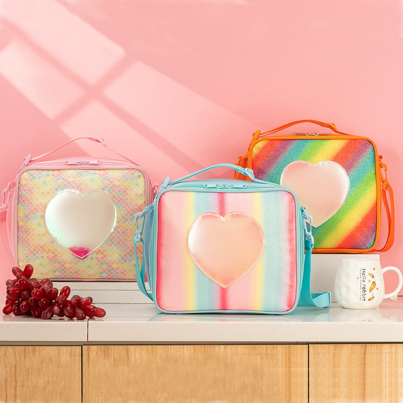 Blue Sparkling Rainbow Heart Insulated Lunch Bag for Kids - Portable School Lunch Box with Shoulder Strap