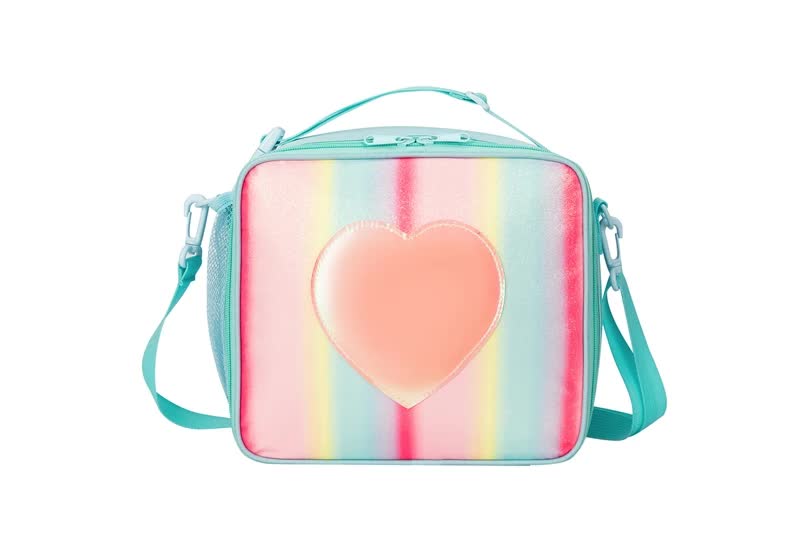 Pink Sparkling Rainbow Heart Insulated Lunch Bag for Kids - Portable School Lunch Box with Shoulder Strap