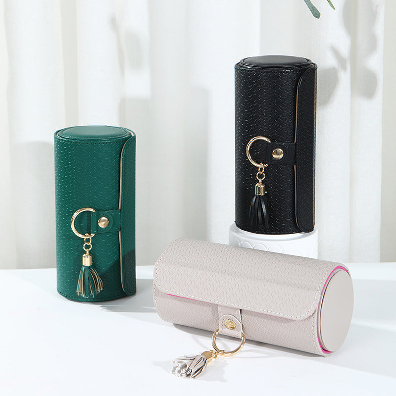 Black and Khaki Elegant 3-Tier Cylindrical Travel Jewellery Box - PU Leather Organizer for Rings Earrings Necklaces with Tassel Charm