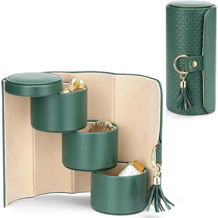 Black and Khaki Elegant 3-Tier Cylindrical Travel Jewellery Box - PU Leather Organizer for Rings Earrings Necklaces with Tassel Charm