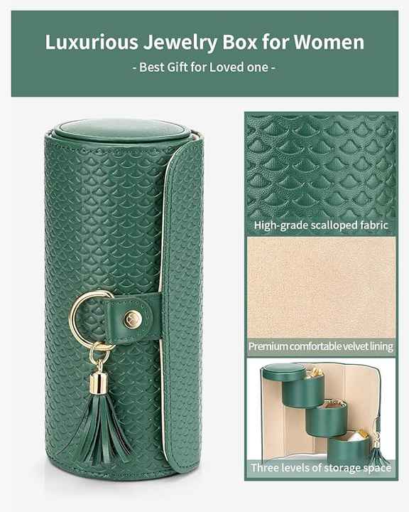 Black and Khaki Elegant 3-Tier Cylindrical Travel Jewellery Box - PU Leather Organizer for Rings Earrings Necklaces with Tassel Charm