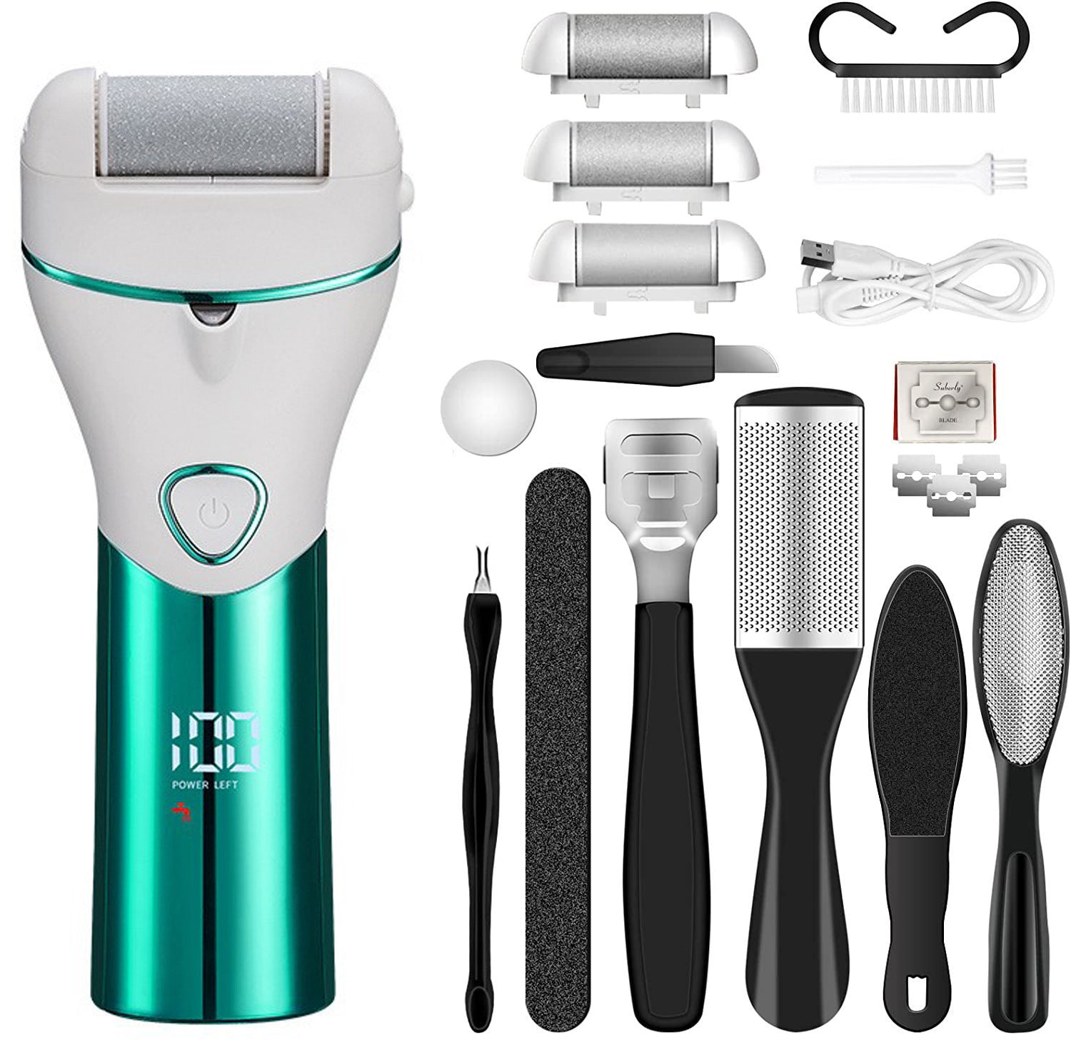 Green And White Rechargeable Electric Foot File Callus Remover Kit - 10pc Pedicure Set with LED Display for Smooth Feet