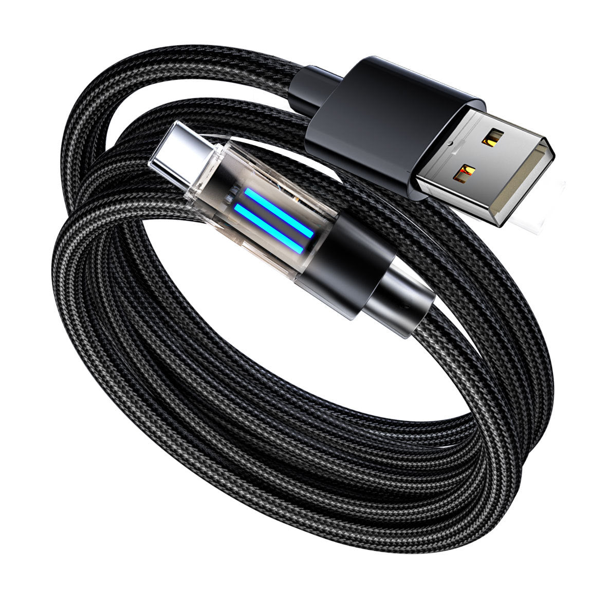 2 Pcs Black 100W C-C Super Fast Charging Data Cable with Smart LED Indicator - 2M Braided Cord