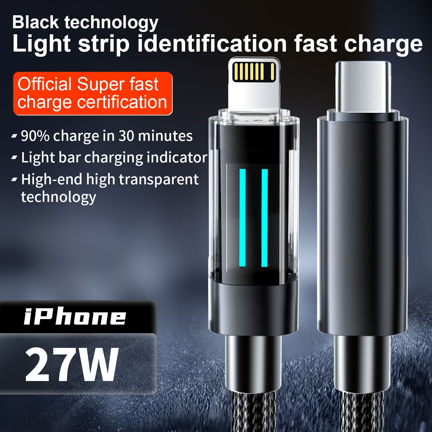 2 Pcs Black 27W USB-C to Lightning Fast Charging Cable with Smart LED Indicator - Braided Cord for iPhone & iPad