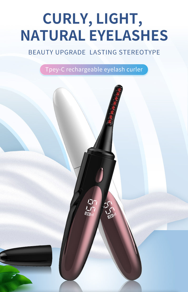 White And Brown Pen-Style Electric Heated Eyelash Curler - 4 Temps, LED Display, USB-C Fast Charge, Anti-Scald Comb