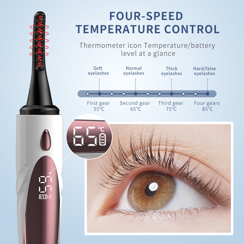 White And Brown Pen-Style Electric Heated Eyelash Curler - 4 Temps, LED Display, USB-C Fast Charge, Anti-Scald Comb
