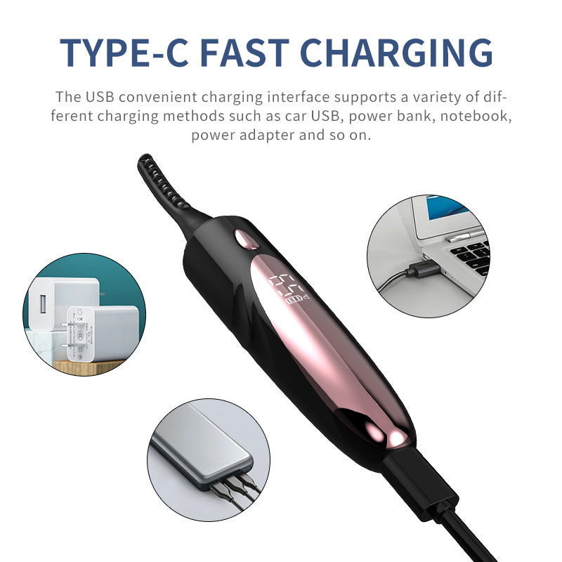 White And Brown Pen-Style Electric Heated Eyelash Curler - 4 Temps, LED Display, USB-C Fast Charge, Anti-Scald Comb