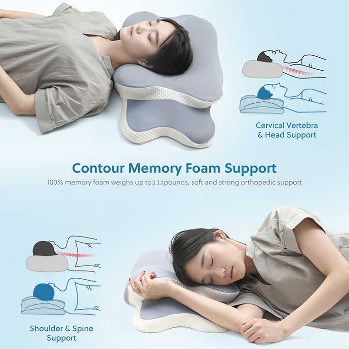 Blue and White Ergonomic Butterfly Memory Foam Pillow - Cervical Neck Support for Side, Back & Stomach Sleepers, Orthopedic Contour Design