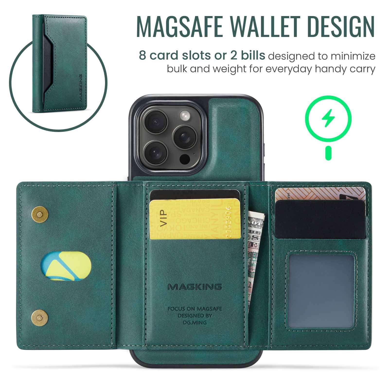 Green Premium MagSafe Wallet Case for iPhone 16 Pro - Detachable PU Leather Magnetic Card Holder