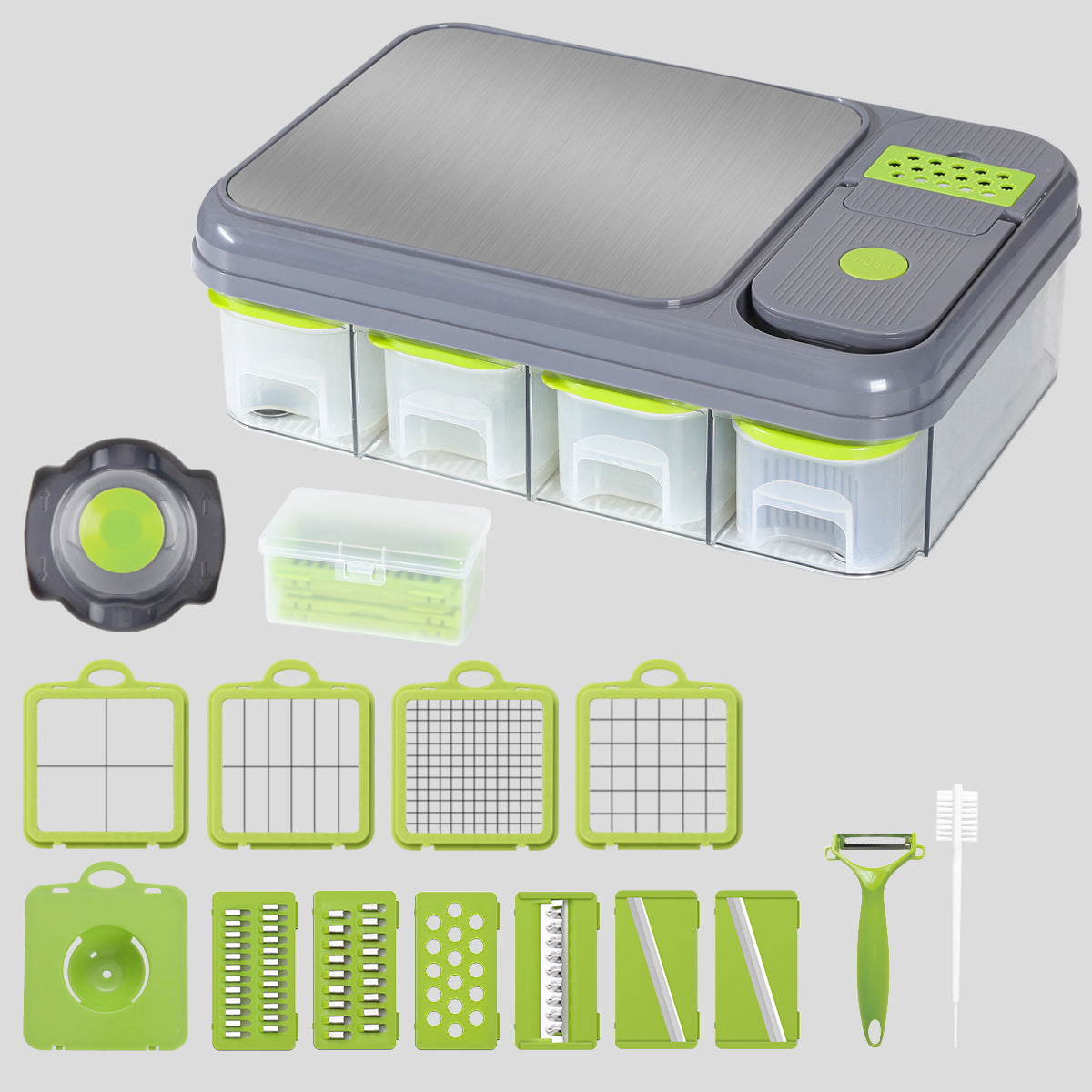 Green And Grey Ultimate 12-in-1 Multi-Functional Vegetable Slicer Dicer Chopper - Mandoline with Storage Containers & Drain Basket