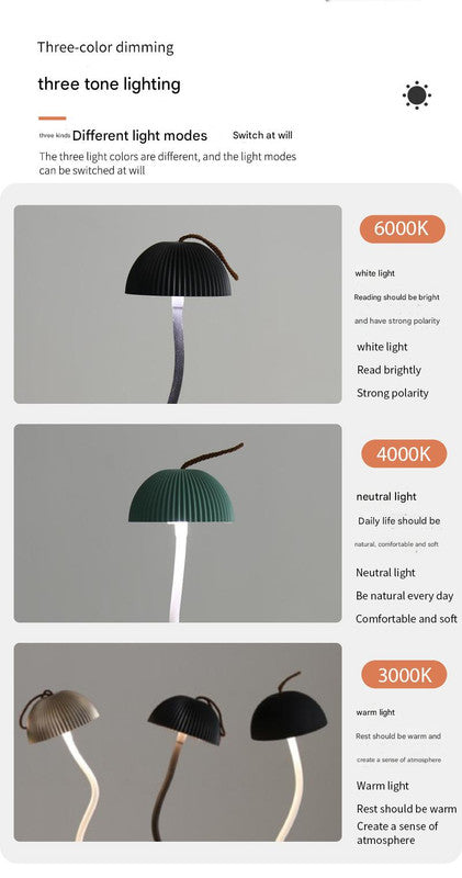 Black Three-dimensional stripes Sleek Minimalist LED Mushroom Table Lamp - Rechargeable 3-Color Touch Control, Bar & Ambient Light