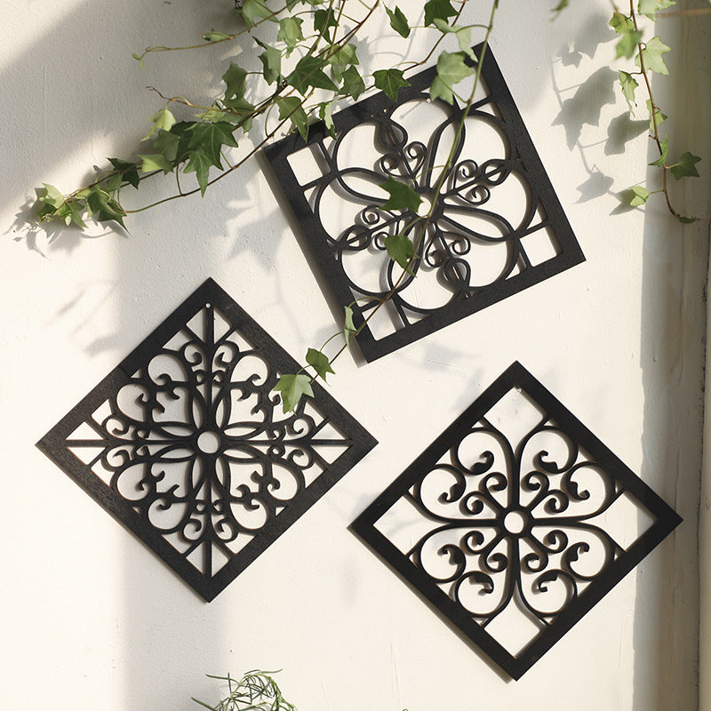 Black Set of 4 Intricate Black Wooden Wall Art Panels - Diamond Mandala Style Home Decor Plaques