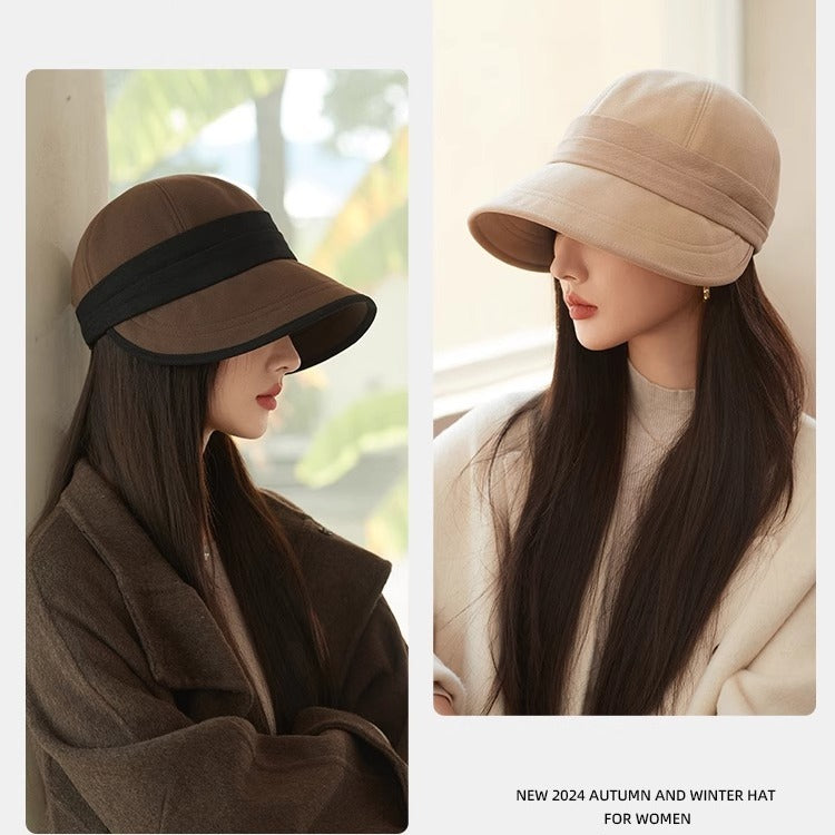 Beige Elegant Warm Bucket Hat - Minimalist Color Block Design, Face-Slimming Style for Autumn & Winter