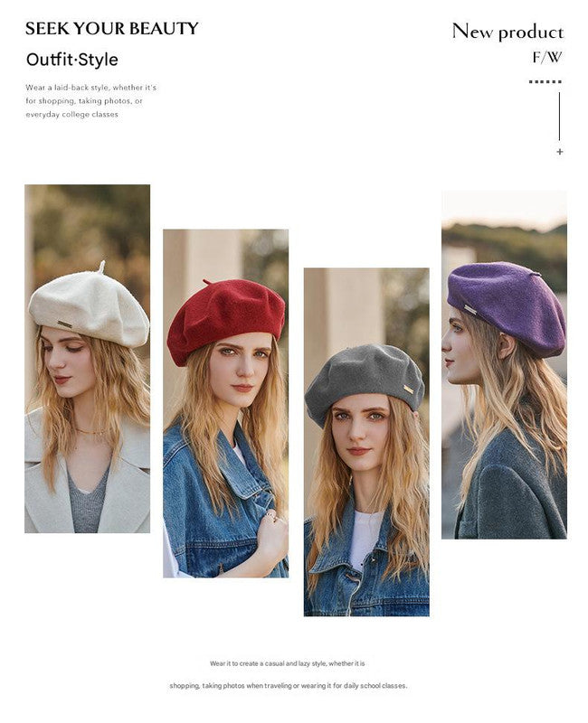 Black Elegant Wool Beret - Classic Warm Thick British Style Hat for Autumn & Winter